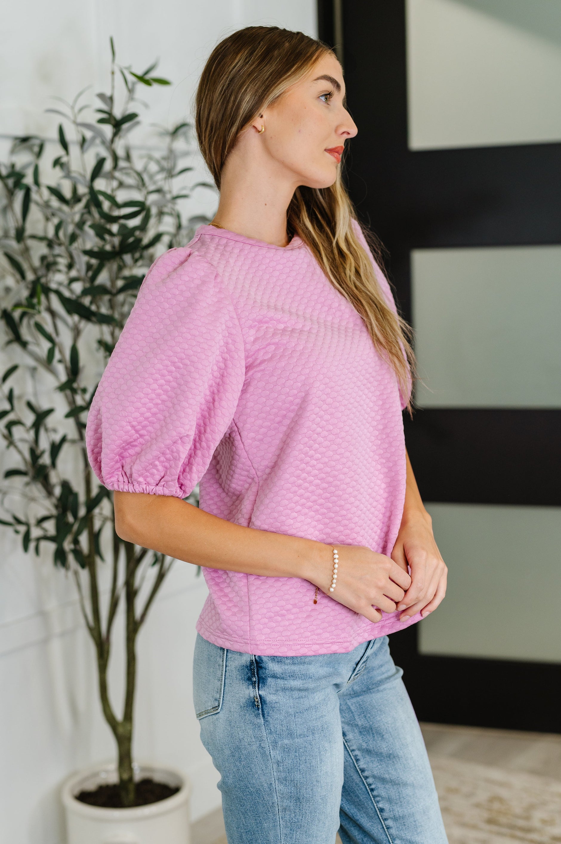 Textured Balloon Sleeve Blouse in Pink - SwagglyLife Home & Fashion